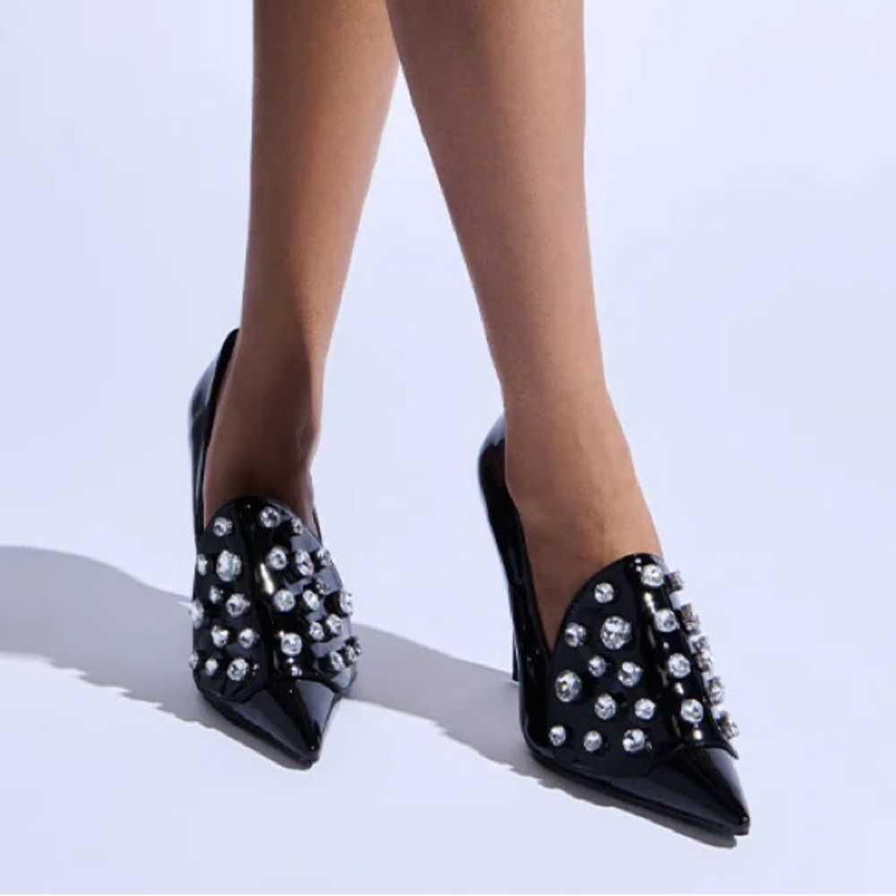 AZALEA WANG Black Vegan Patent Leather Rhinestone Pumps